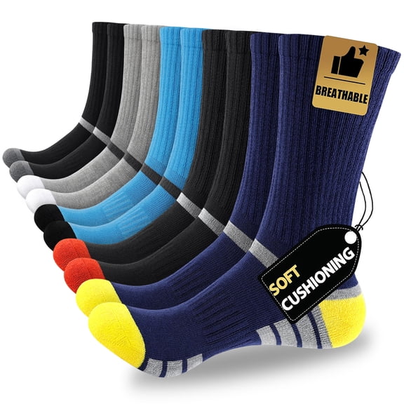 DIFFYBOX Men Cushioned Crew Socks 5 Pairs, Breathable Moisture Wicking Work Boot Socks for Hiking Running Sizes 10-13 & 13-15