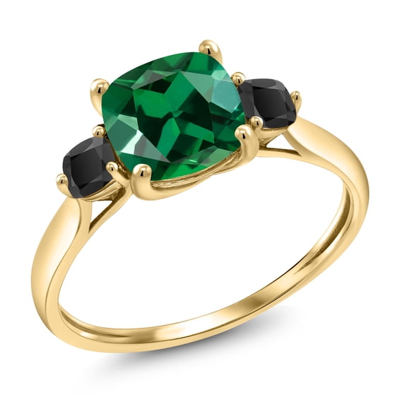 Gem Stone King 10K Yellow Gold Green Nano Emerald and Black Onyx Engagement Ring for Women | 0.91 Cttw | Cushion 7MM | Gemstone May Birthstone | Size 7