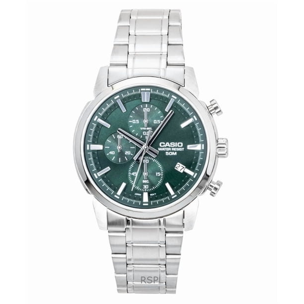 Casio Reloj Cronógrafo Analógico de Acero Inoxidable con Esfera Verde de Cuarzo MTP-E510D-3AV para Hombre