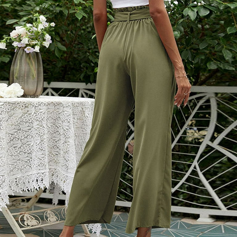 Zodggu Womens Solid Color High-Waist Full Length Long Pants Loose