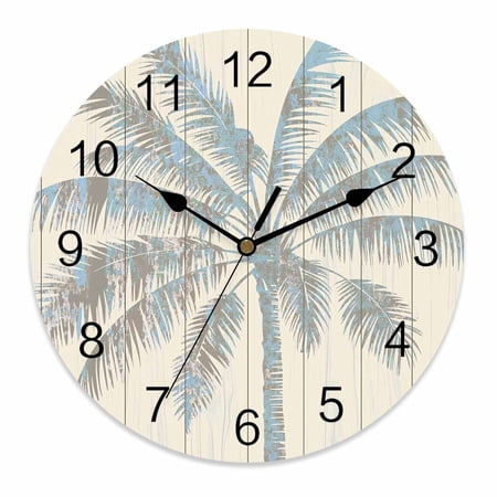 Wall Clock 10 Inch Tropical Palm Trees Round Silent Decorative Wall Clocks Battery Operated for Living Room Bedroom Kitchen Classroom Decor, Beige Retro Rustic Wood Textured,Small