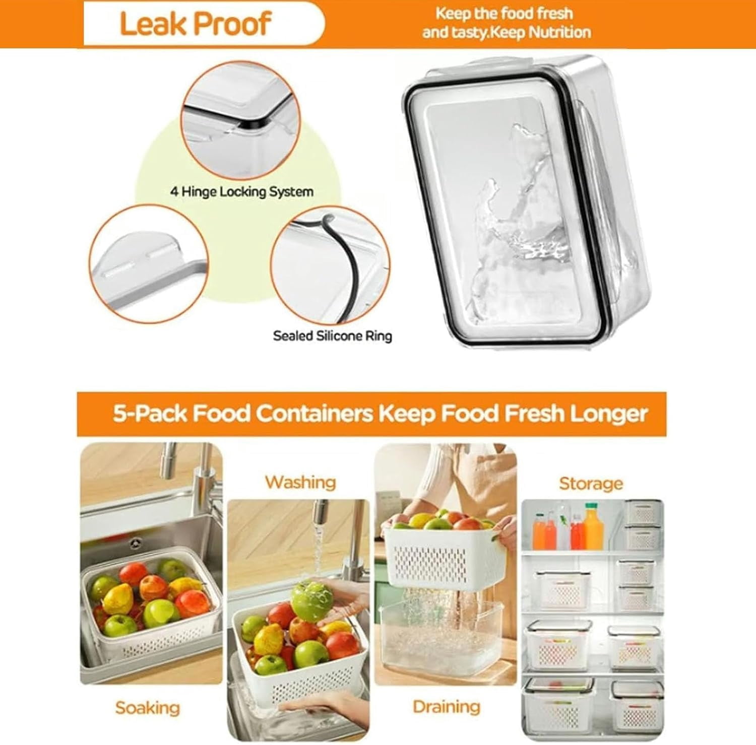 4-in-1 Fruit Storage Containers for Fridge, Transparent Plastic Food Box with Removable Drain Basket, Airtight Produce Keeper for Vegetables & Berries