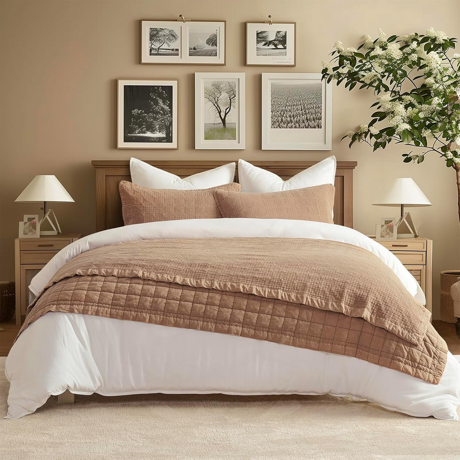 EVERGRACE Stonewashed Cotton Quilt Set King Size, Ultra Soft Oversized Bedspread Coverlet Set, Lightweight Crinkle Box Stitch Bedding Sets for All Season, with 2 Shams, Blushed Terracotta