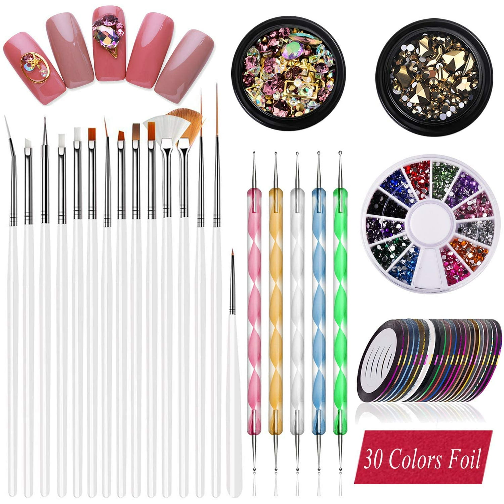 Nail Art supplies, JOYJULY 30 Striping tape & 15pcs nail art Brushes Set & 5pcs Dotting Pen & 3pcs 3D nail art Rhinestones Nail Art Kit tools accessories Decoration Diamond foil | Nail Art supplies, JOYJULY 30 Striping tape & 15pcs nail art Brushes Set & 5pcs Dotting Pen & 3pcs 3D nail art Rhinestones Nail Art Kit tools accessories Decoration Diamond foil |