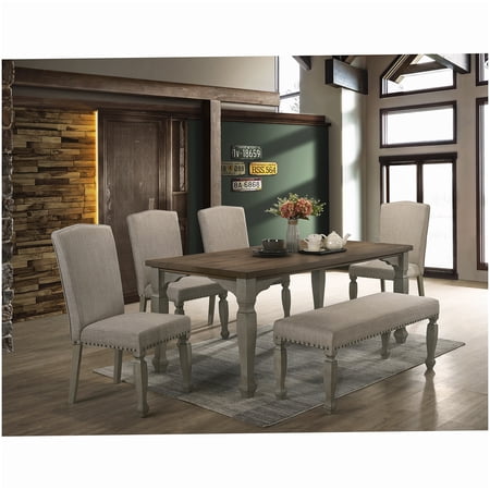 6-Seater Rectangular Dining Set with Bench Antique Gray Wood Table and Chairs