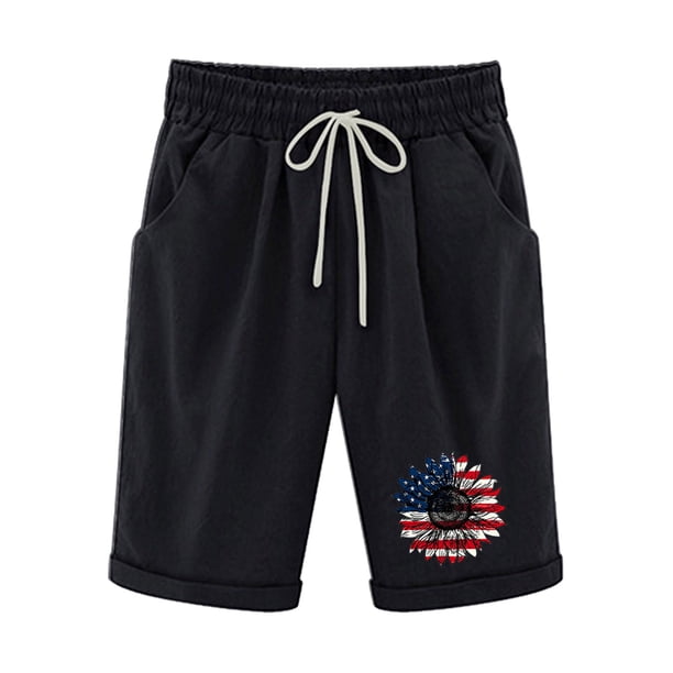 Pantalones Cortos Casuales para Mujer Día de la Independencia Impreso Elástico de la Cintura, Pantalones Cortos de Verano para Mujeres