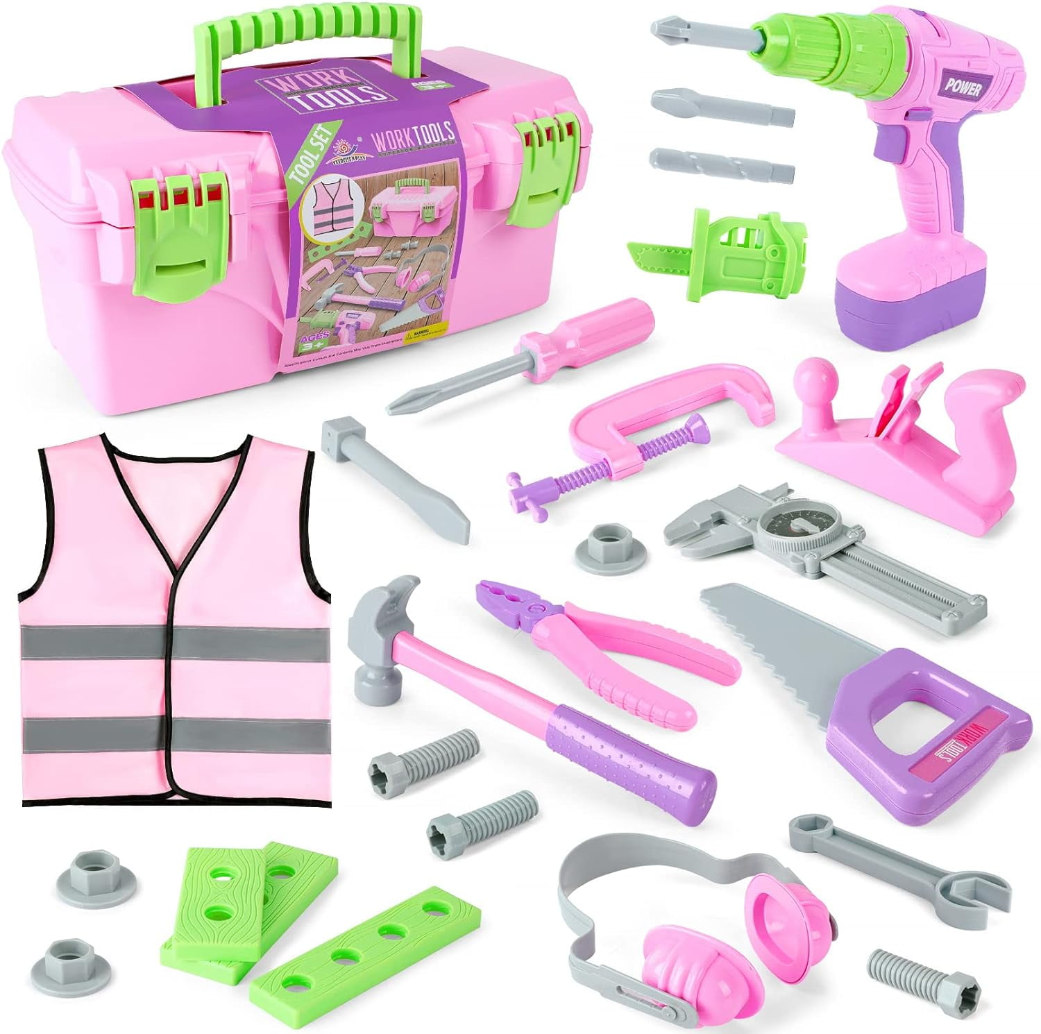 Kids Tools Set, ENP Pretend Playset Tool Kit with Electric Drill, Hammer Jigsaw,Tool Box, Gift for Girl Toddler Ages 3-6, Pink