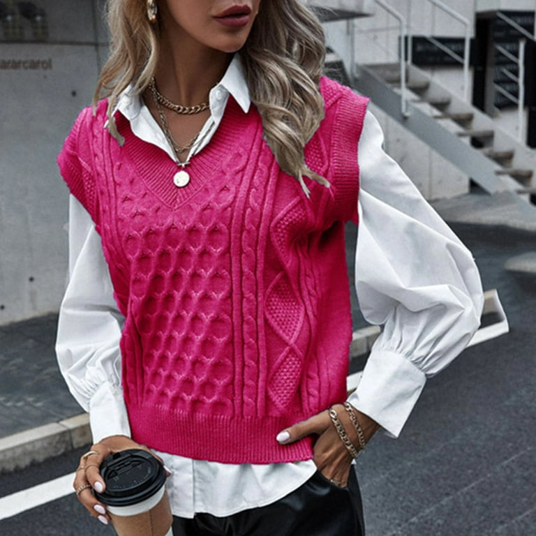 JDEFEG Cable Knit Coat Women's Sweater Vest Preppy Style Knitwear Tank Top  Sleeveless V-Neck Vintage Sweaters Temperament Vest Girl Stocking Milk  Fiber Hot Pink L 