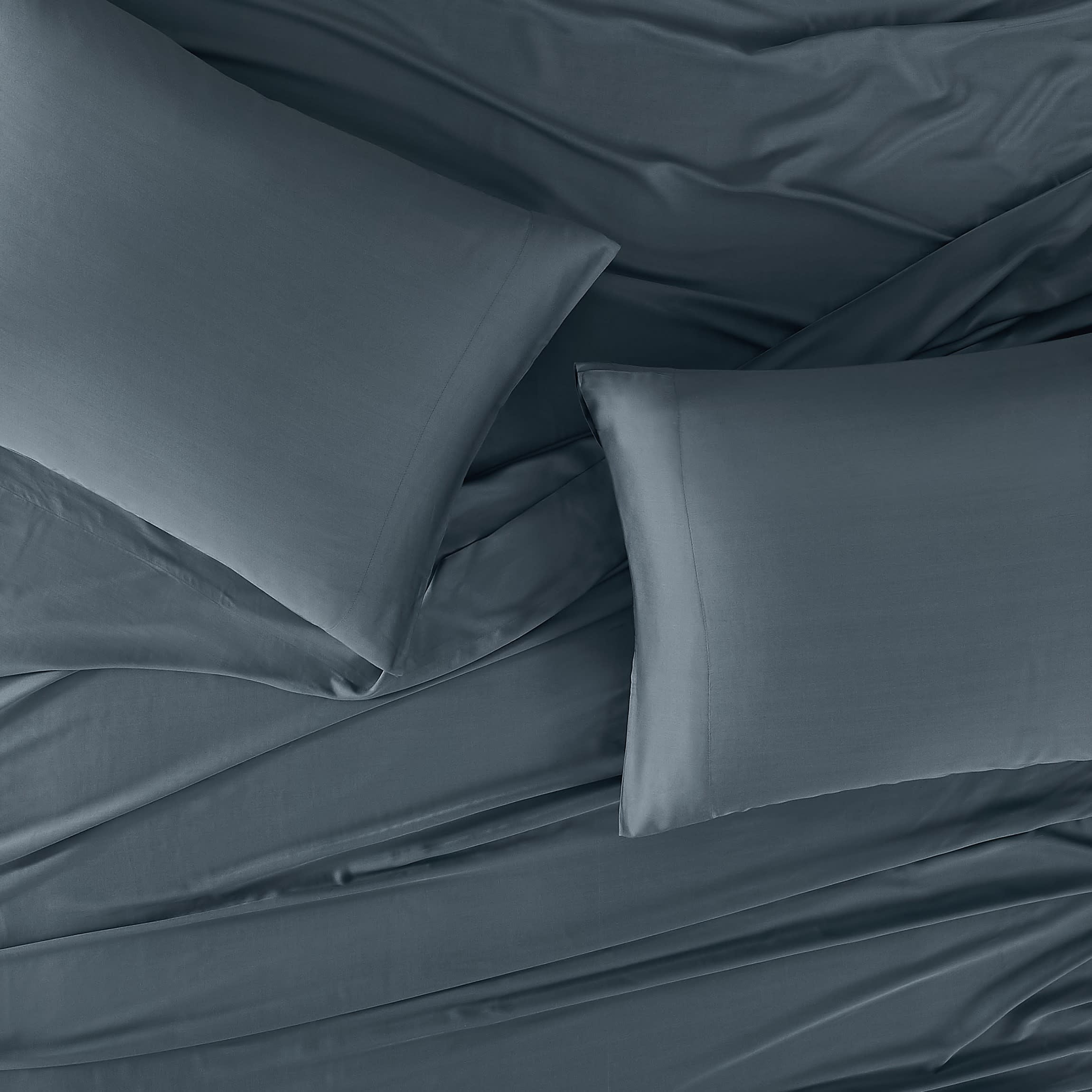 Brooklyn Loom 300 Thread Count Sateen 100% Rayon from Bamboo Deep Pocket 4 Piece Queen Sheet Set in Blue, All Season, Adult Size, OEKO-TEX Certified