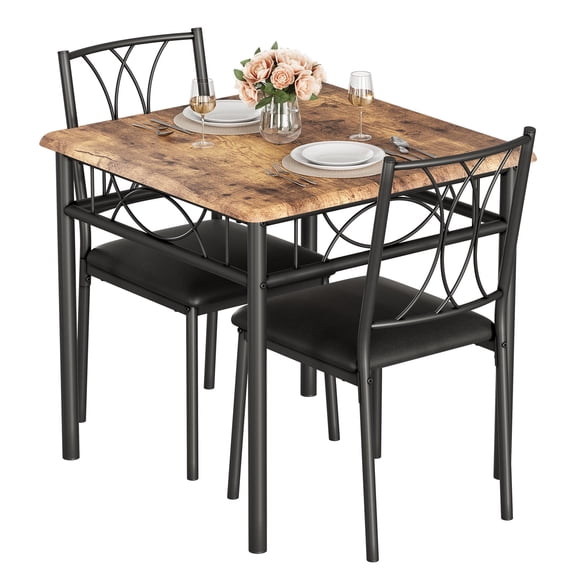 3 Piece Kitchen Table Set, Dining Table and Chairs for 2, Metal and Wood Square Dining Room Table Set with 2 Upholstered Chairs for Small Spaces, Apartment, Rustic Brown