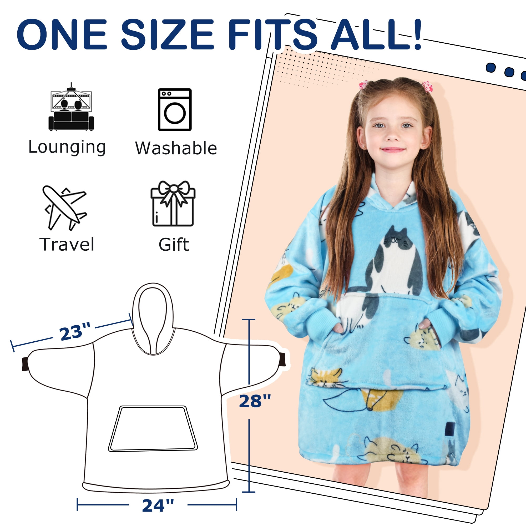 Catalonia Cat Wearable Blanket Hoodie for Kids, Fleece Snuggy Sweatshirt Pullover, 4-12 Years Boy Girl Gift, 28 × 24 inches