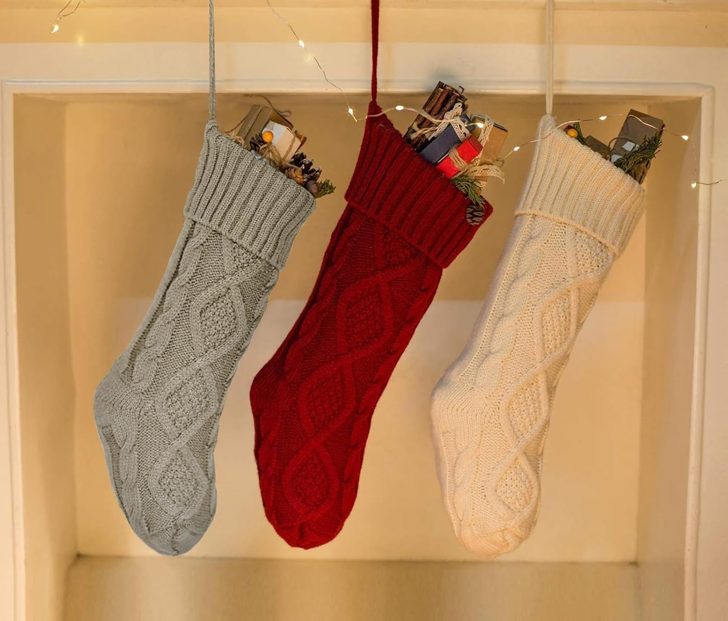 Christmas Stocking Sets 18 Inches Large Size Cable Knitted Stocking Gifts & Decorations for Family Holiday Xmas Party