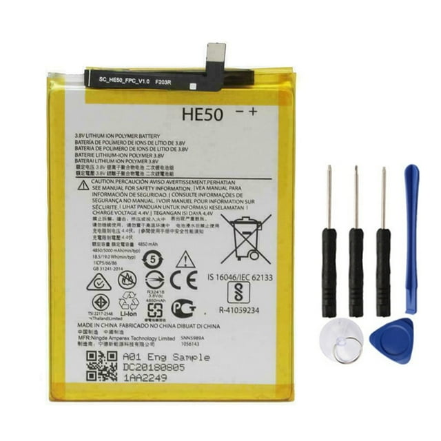 Replacement Battery for Motorola Moto E4 Plus XT1770 XT1774 and E5 Plus XT1924, model HE50, featuring a yellow lithium-ion battery with 4850 mAh capacity and 19.0 Wh. Includes installation tools such as screwdrivers, a suction cup, and a pry tool, ideal for cell phone repair and extended device usage.