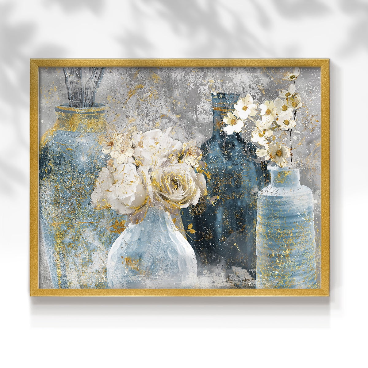Vessels and Blooms Blues by Nan - Restickable Framed Giclée Print