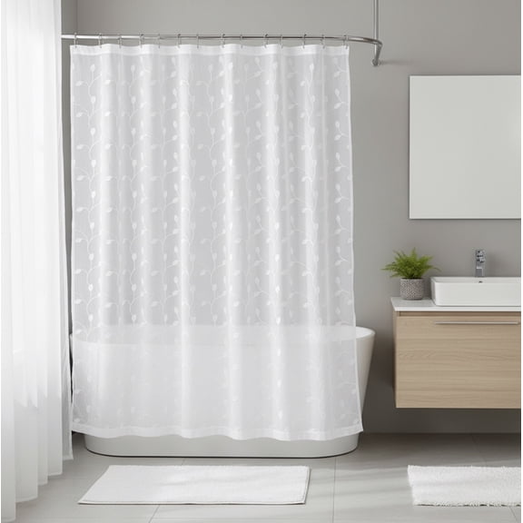 Serafina Home Decorative Sheer Fabric Shower Curtain for Bathroom: White Embroidered Botanical Design Metallic White Threading