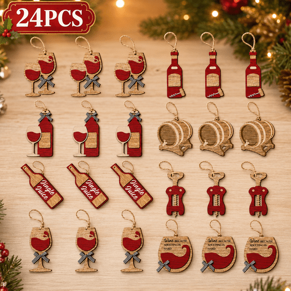 24 Piece Wine Christmas Ornaments, 8 Wooden Wine Bottle and Glass Designs with Twine Loops for Christmas Tree and Holiday Decor