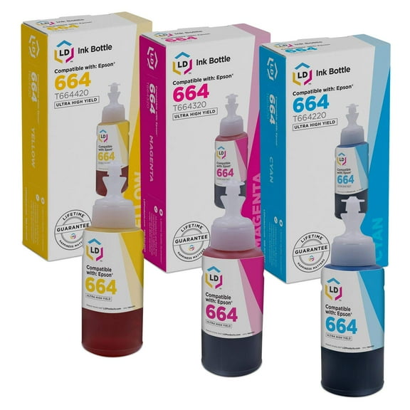 LD Compatible Epson 664 / T664 Set of 3 Ink Bottles: 1 T664220 Cyan, 1 T664320 Magenta & 1 T664420 Yellow for Expression