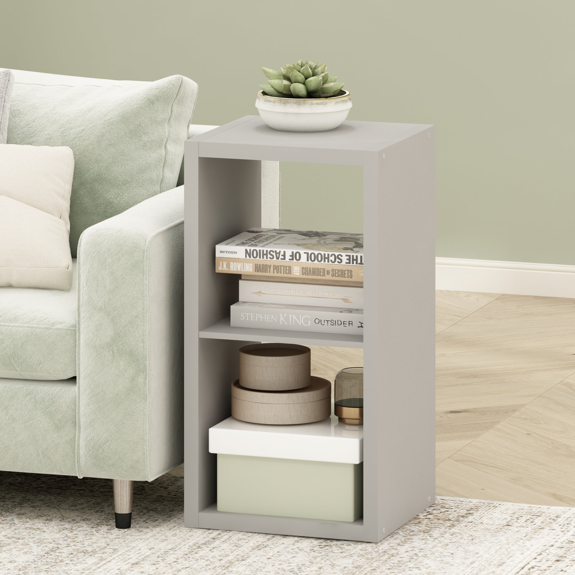 Furinno CUBICLE Book Shelf, 2-Cube Bookshelf, Extra Thick Frame Horizontally & Vertically Reversible Bookcase with Open Back, 14.6 x 16 x 30, for Living Room, Bedroom, Home Office, Light Grey