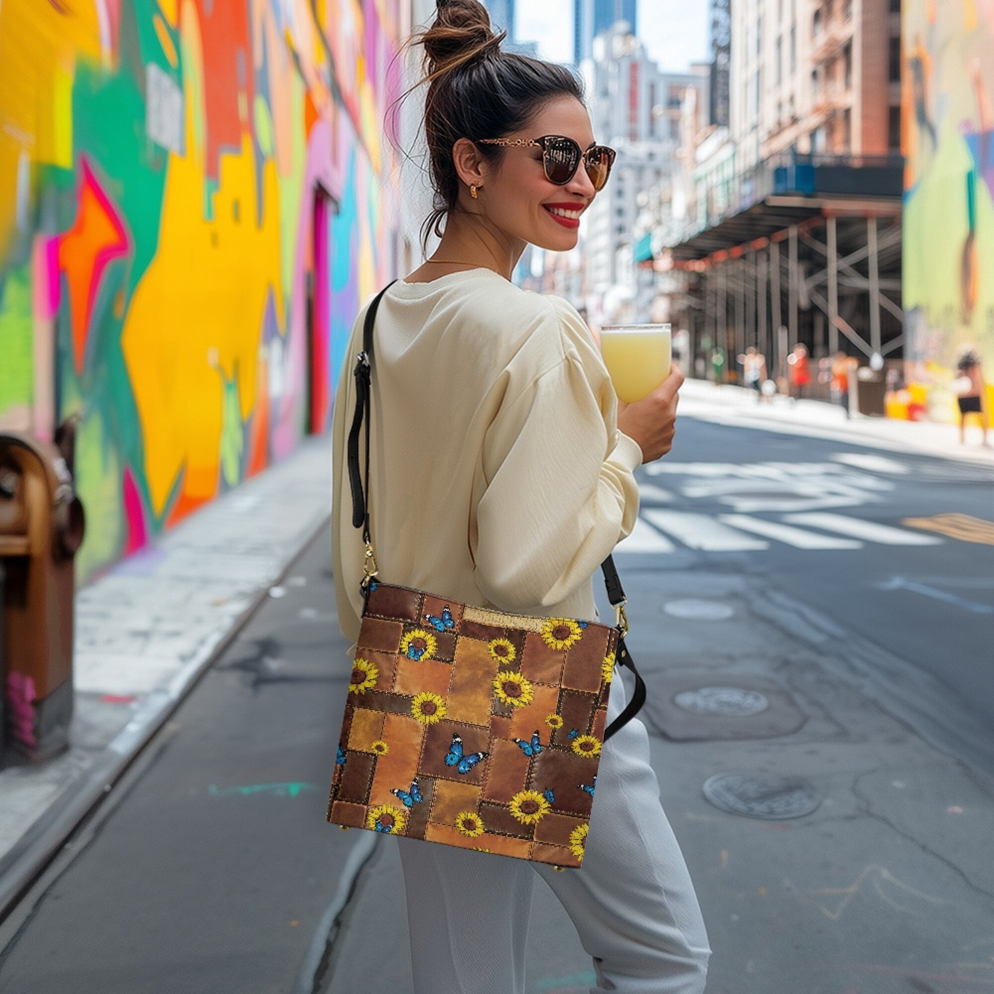 Kuiaobaty Sunflower Print Shoulder Crossbody Bag for Women, Butterfly Print Leather Hobo Satchel Purse with Adjustable Strap, Spacious Sturdy Bucket Tote Crossbody Bag for Travel, Brown