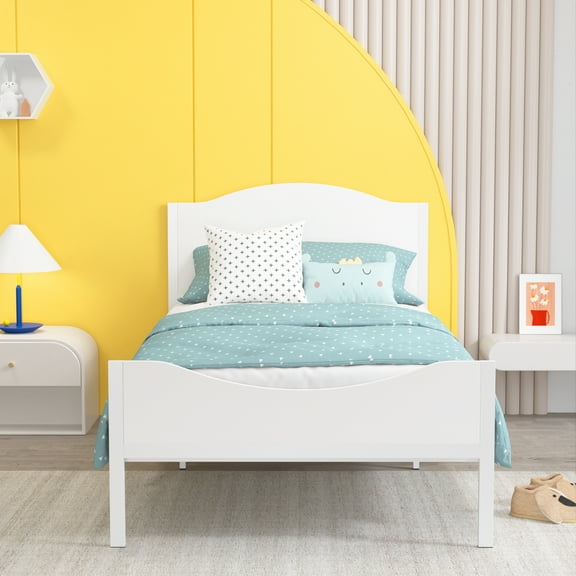 Yoneston Kids Twin Metal Platform Bed Frame with Wood Headboard for Kids and Teens, White Finish