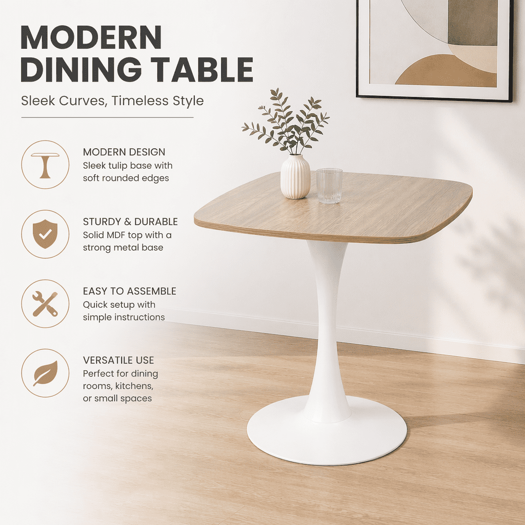 Mid-Century Square Dining Table 23.5x23.5x29.5 Inch Tulip Pedestal Base for Kitchen Breakfast Nook Apartment