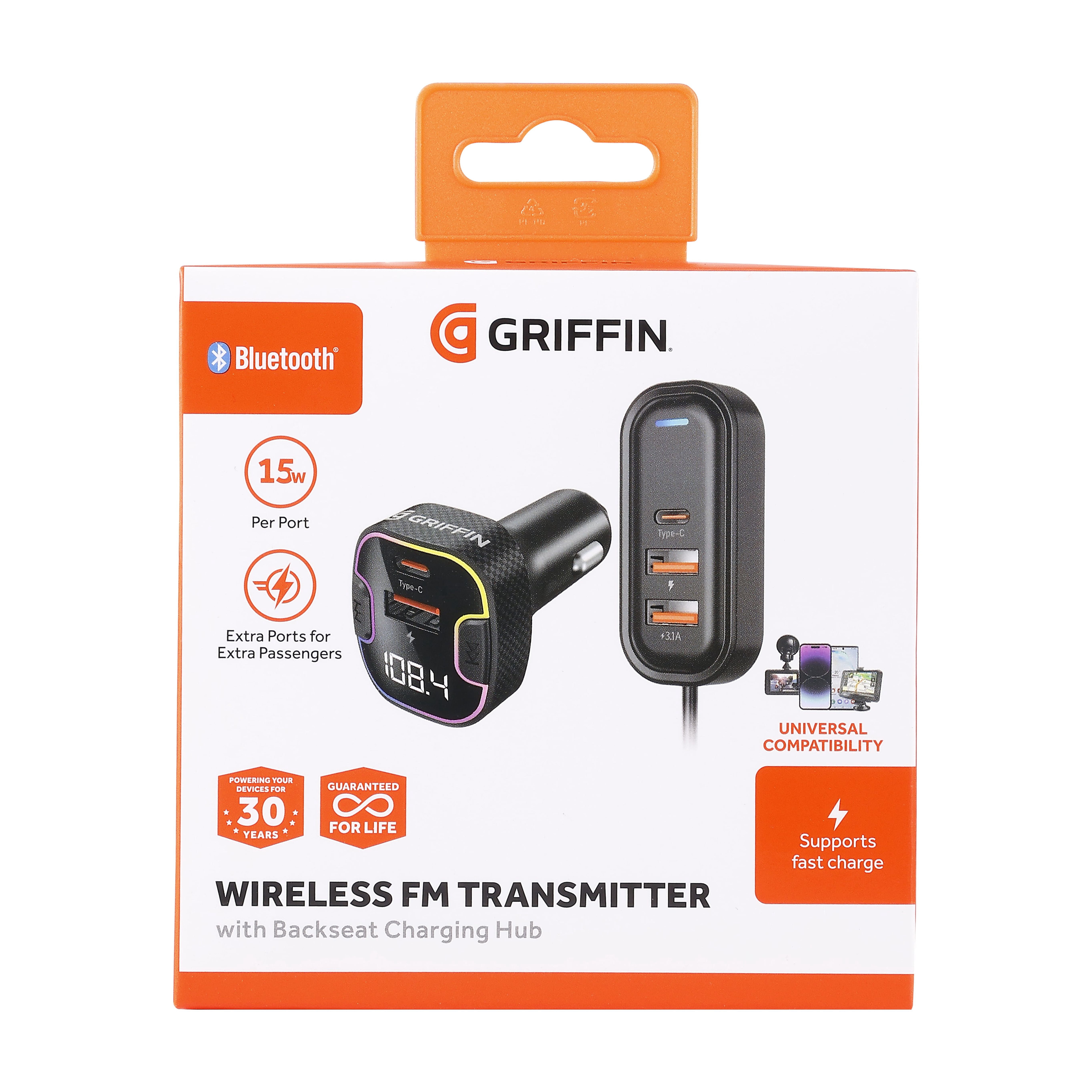 Griffin Wireless FM Transmitter with Backseat Charging Hub - Bluetooth, Fast Charging, Universal Compatibility, Car Charger, USB Ports, Smartphone Charger, Car Audio Adapter