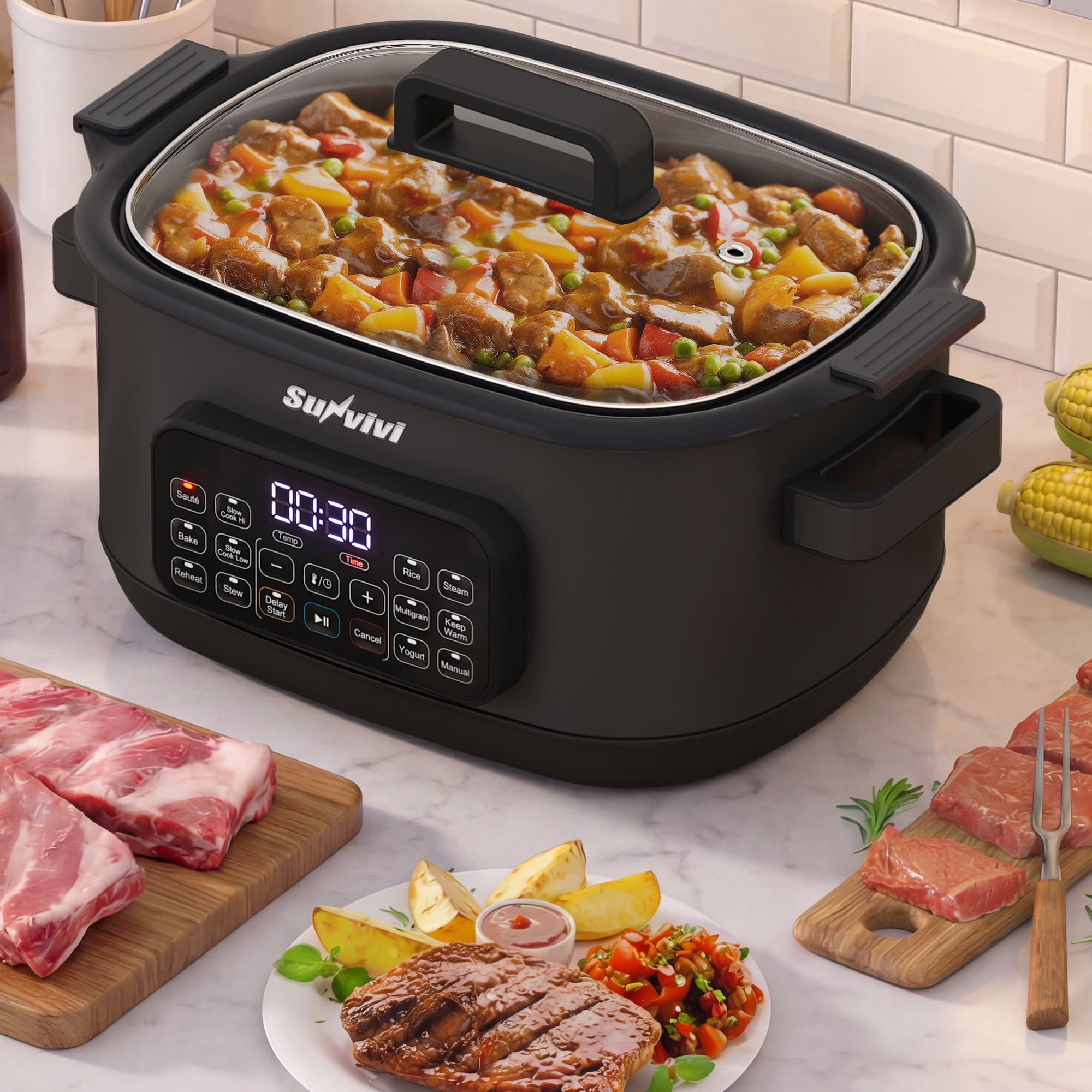 Sunvivi 12-in-1 Digital Programmable Slow Cooker, 6.5 QT Large Multicooker, Multi-Cooker with Timer, Temp Control, Black