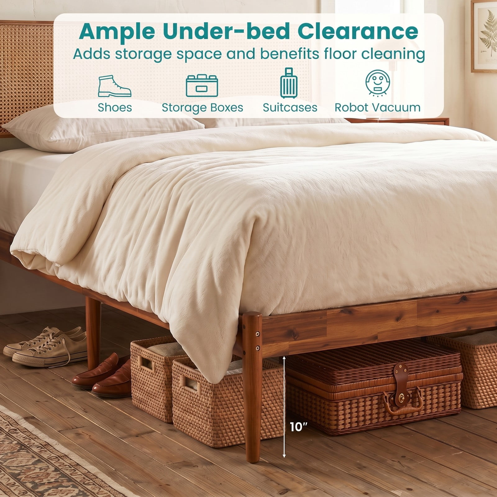Furnibear Full Size Bed Frame with Storage, Boho Rattan Wood Platform Bed Frame with Acacia Slat Support, No Box Spring, Brown