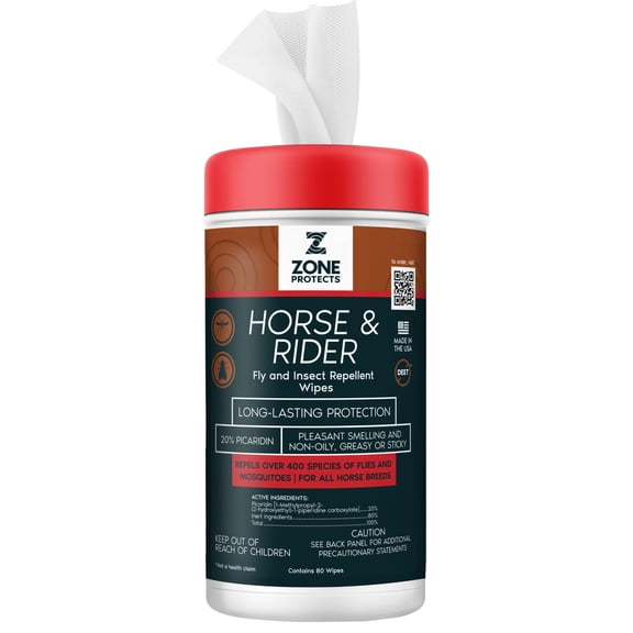 Zone Protects Horse & Rider Fly and Insect Repellent Wipes; Perfect for the Horse's Face; Picaridin Based, 12-hr Protection against 400 Fly Species