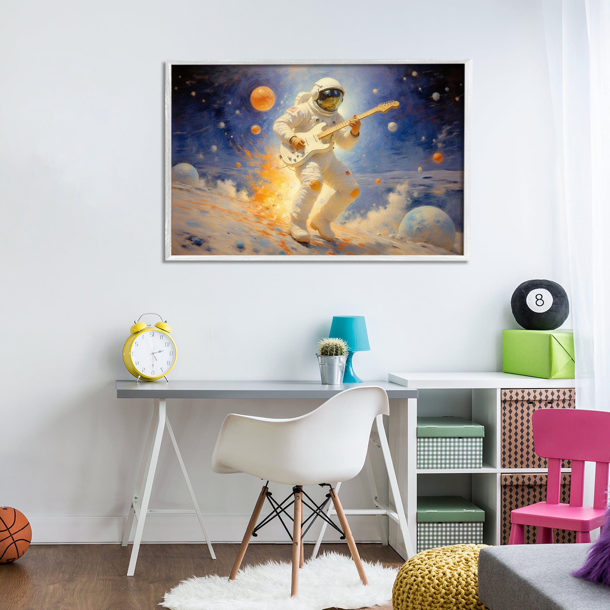 Space Astronaut Musician White Framed Giclee Art, design by Angie Hawke