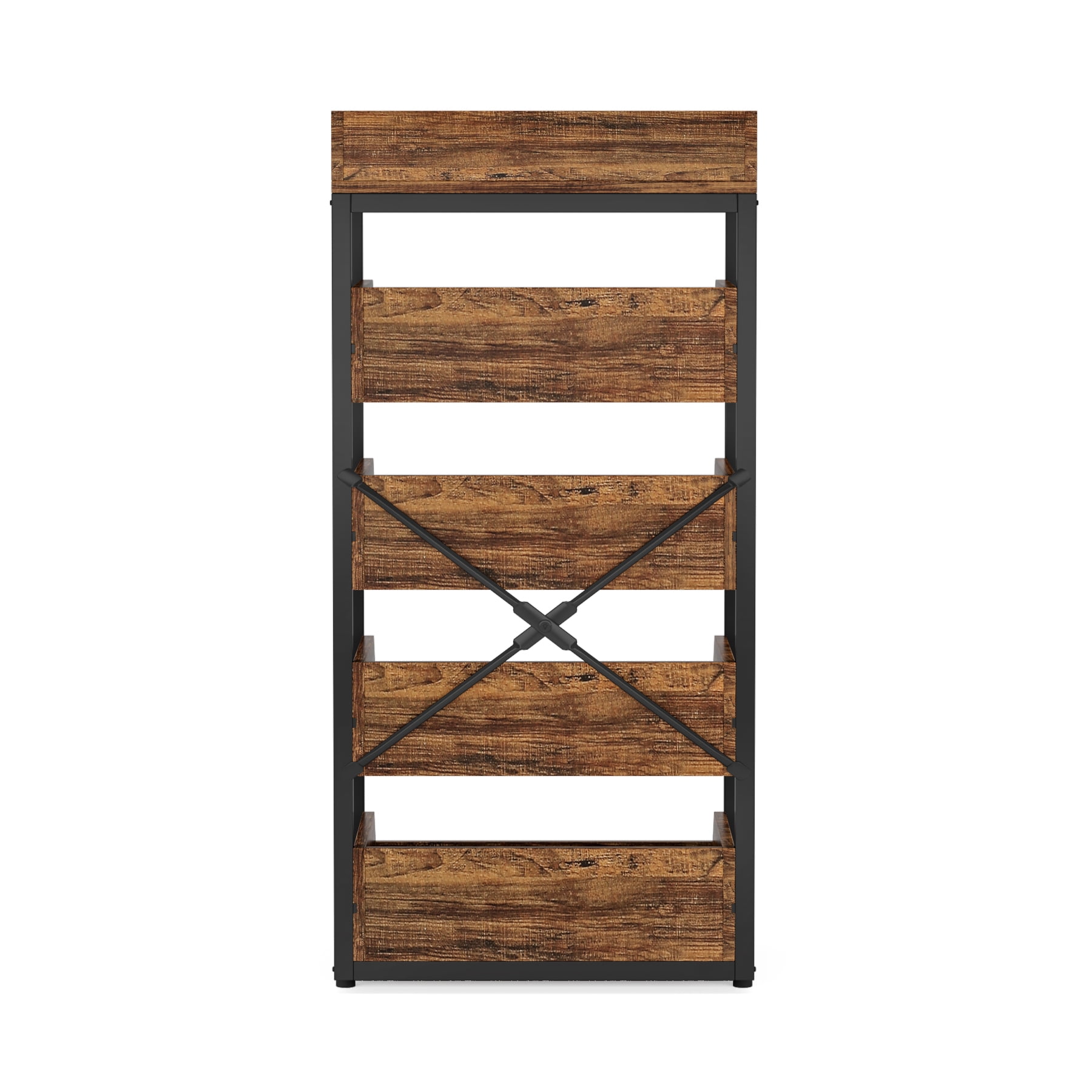 Fnova 46" 5-Tier Wood Storage Rack, Pull-Out Snack Stand Fruit Vegetable Basket Stand, Shelf Organizer with Heavy-Duty Metal Frame for Kitchen, Living Room, Bedroom