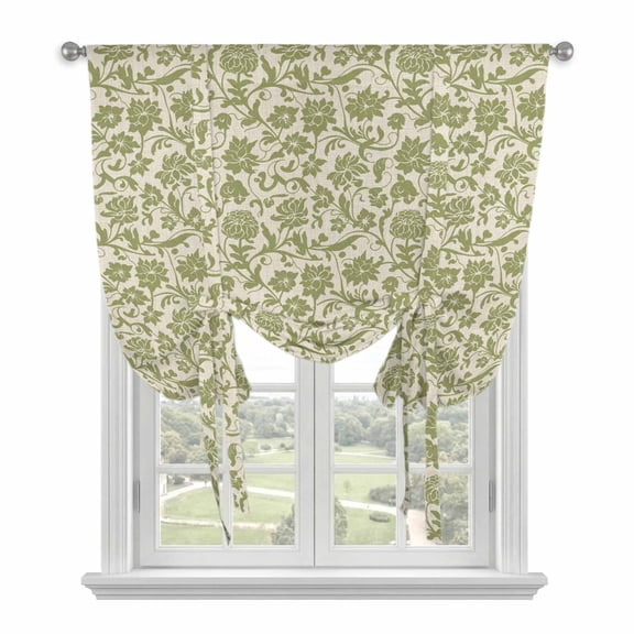 Green Floral Tie Up Curtains 45 Inches Long, Kitchen Window Curtains Over Sink, Vintage Rustic Botanical Spring Small Window Curtains Shade Balloon Curtains Valances for Bedroom/Cafe 34"x45"