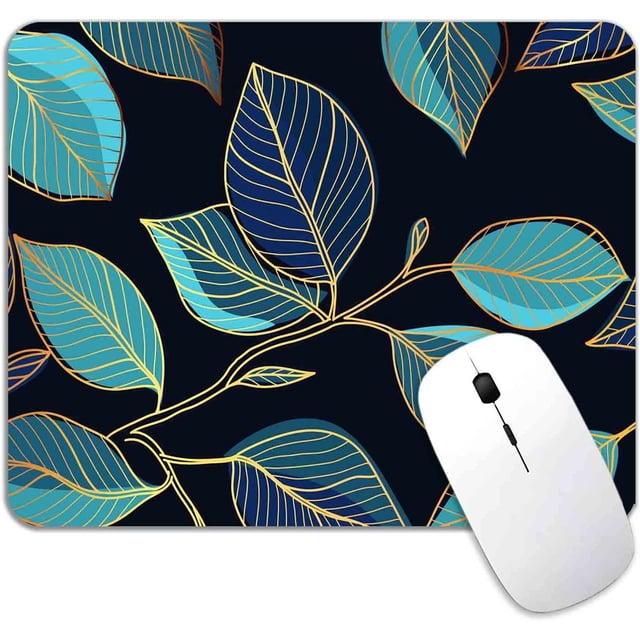 Square Mouse Pad Golden Leaves, Personalized Premium-Textured Mousepad Design, Washable Lycra Cloth , Non-Slip Rubber Base Computer Pads for Mouse, Line Art, Blue and Green Abstract Design