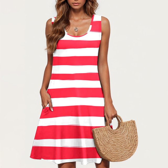 Ovzne Robes d'Été pour Femmes 2025 Robe de Plage Robe Décontractée pour Femme Grande Taille Sans Manches Col Ras du Cou Robe Courte à Rayures Robe de Printemps Liquidation