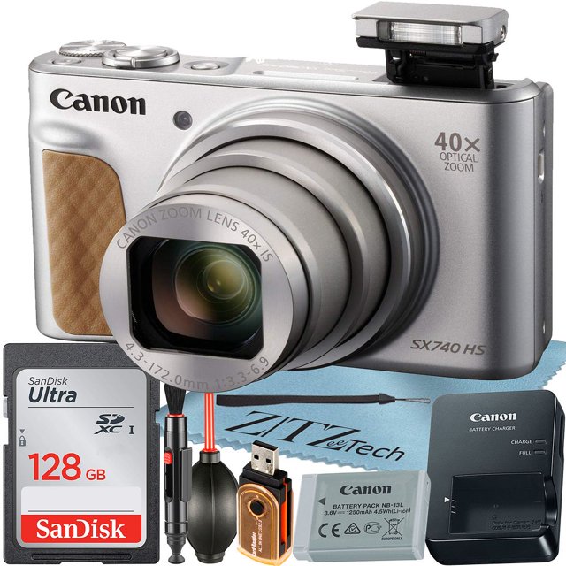 Canon PowerShot SX740 HS Digital Camera (Silver) with 40x Optical Zoom Lens + SanDisk 128GB Memory Card + Cleaning Pen + ZeeTech Starter Bundle