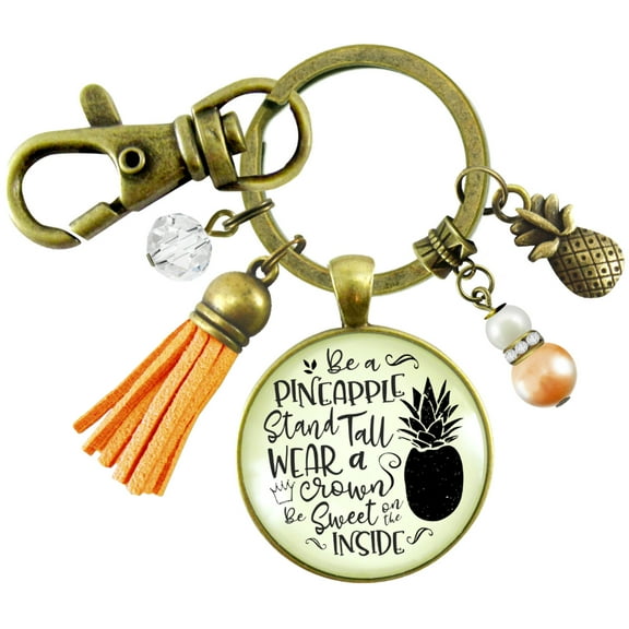 Pineapple Gutsy Goodness Bronze Keychain Stand Tall Quote Women's Tropical Fun Jewelry Gift Tassel