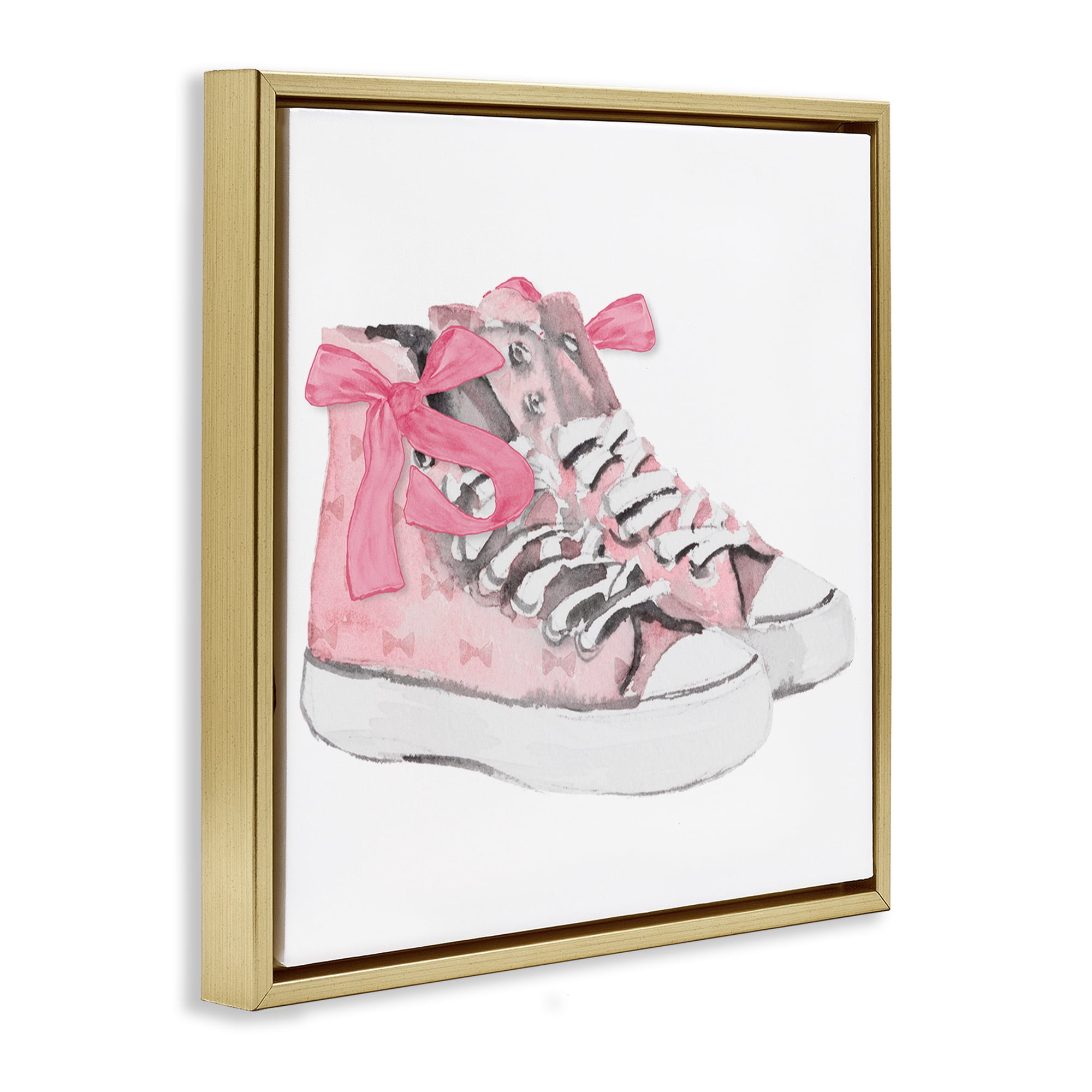 Stupell Industries Simple Pink Bow Sneakers Fashion Painting Gold Floater Framed Canvas Art Print Wall Art, 18 x 18