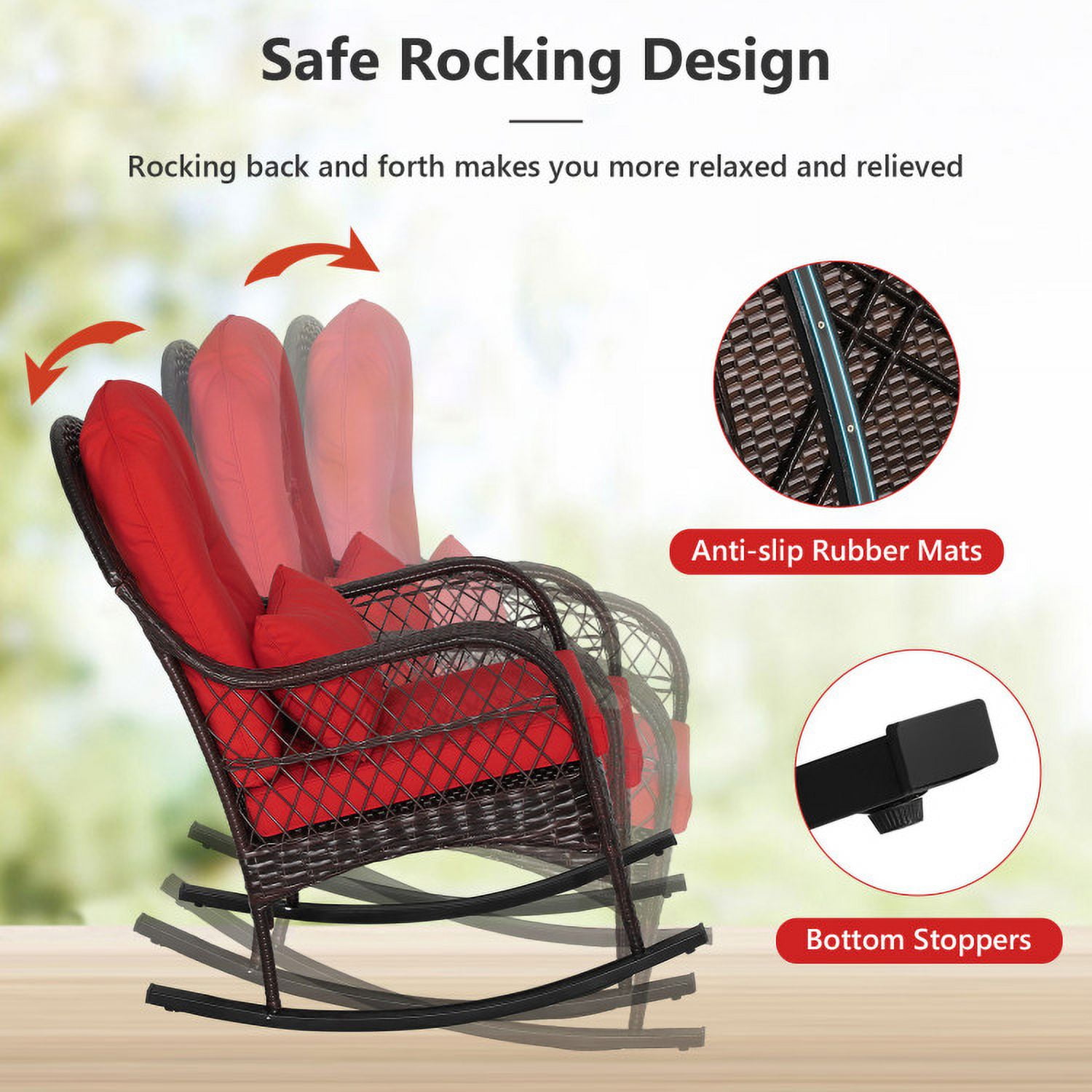 Aimee Lii Outdoor Rocking Chair with Cushion, Wooden Patio Rocker Chair for Lawn, Porch and Garden, Red