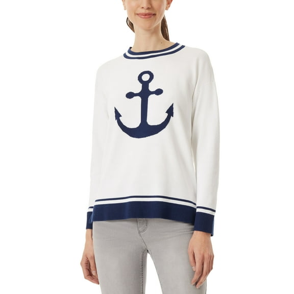 Women's Jacquard Anchor Crewneck Sweater Nyc White Combo L