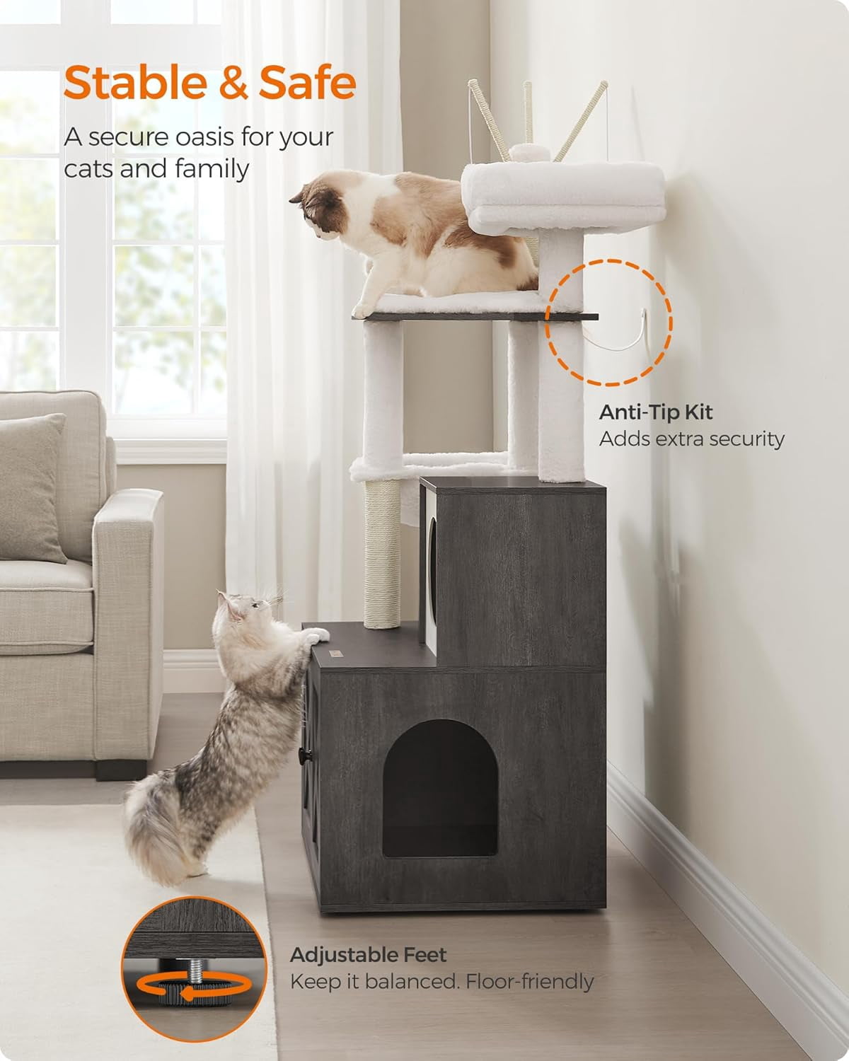 Favory Cat Tree with Litter Box Enclosure, 59-Inch Modern Cat Tower, 2-in-1 Condo with Scratching Posts, Washable Removable Cushion, Misty Gray UPCT113G02