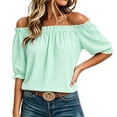 thumbnail image 2 of Ayolanni Short Sleeve T Shirts for Women Elastic V-Neck Ruffled Plaid Blouse Casual Puff Loose Off the Shoulder T-Shirt Womens Tees Green XL, 2 of 8