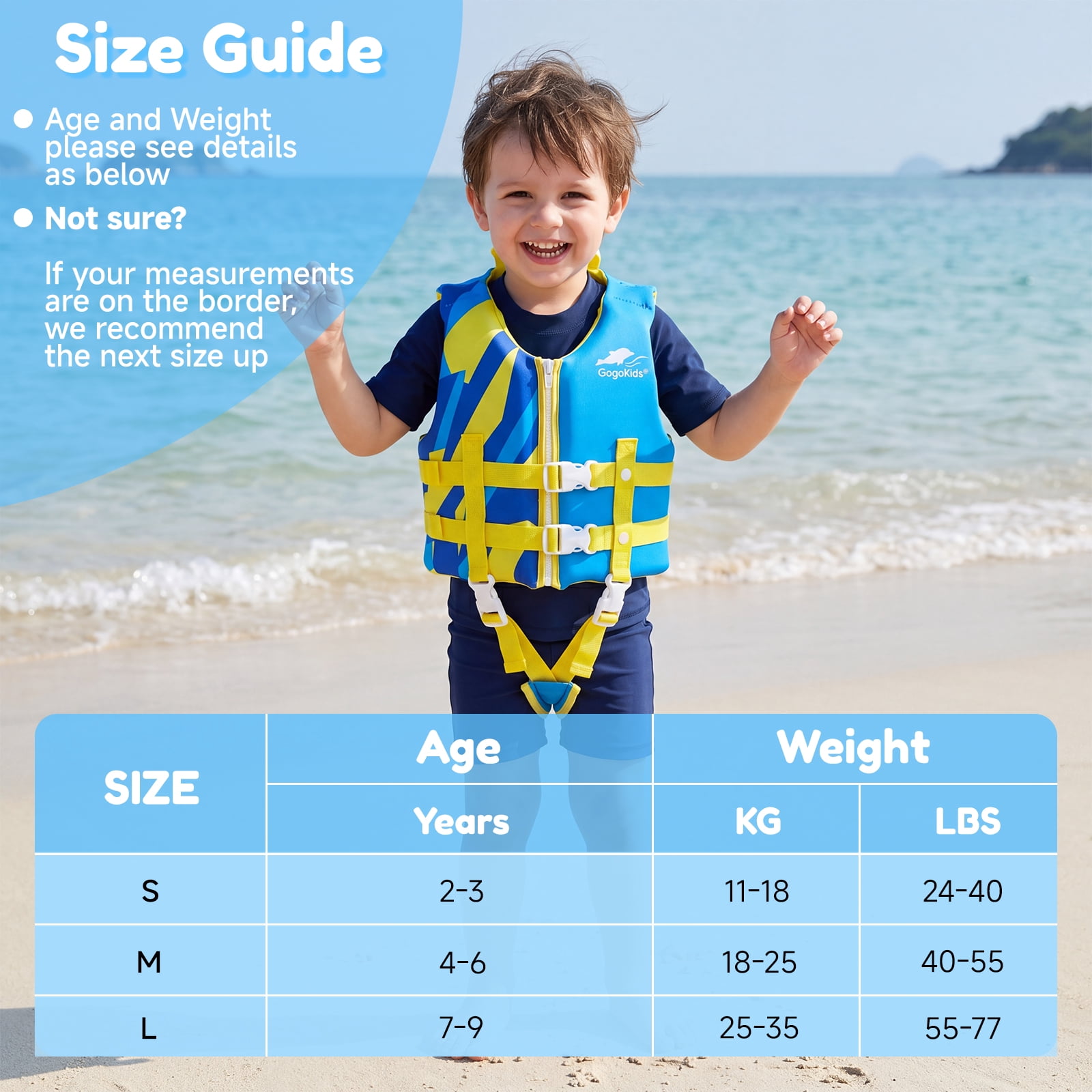 Gogokids Kids Swim Vest Toddler Life Jacket,Flotation Swimming Aid with Adjustable Safety Strap for Boys Girls Age 2-9 Years/28-66Lbs