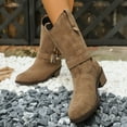 thumbnail image 5 of Suede Riding Boots for Women Round Toe Pull on Wide Calf Cowboy Boots Stacked Heel Mid Calf Booties, 5 of 8