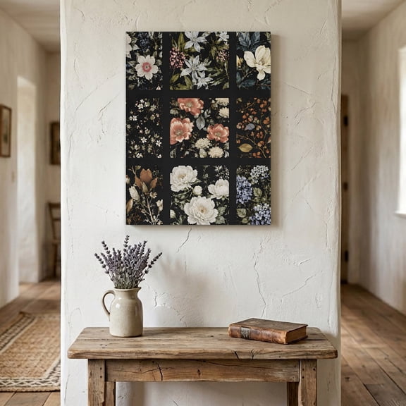 Floral Grids Canvas Wall Art for Living Room Bedroom Bathroom, Botanical Vintage Pink White Blue Flower Garden Plaid Canvas Art Wall Decor, Artwork for Walls Home Office Decor, 16"x20"