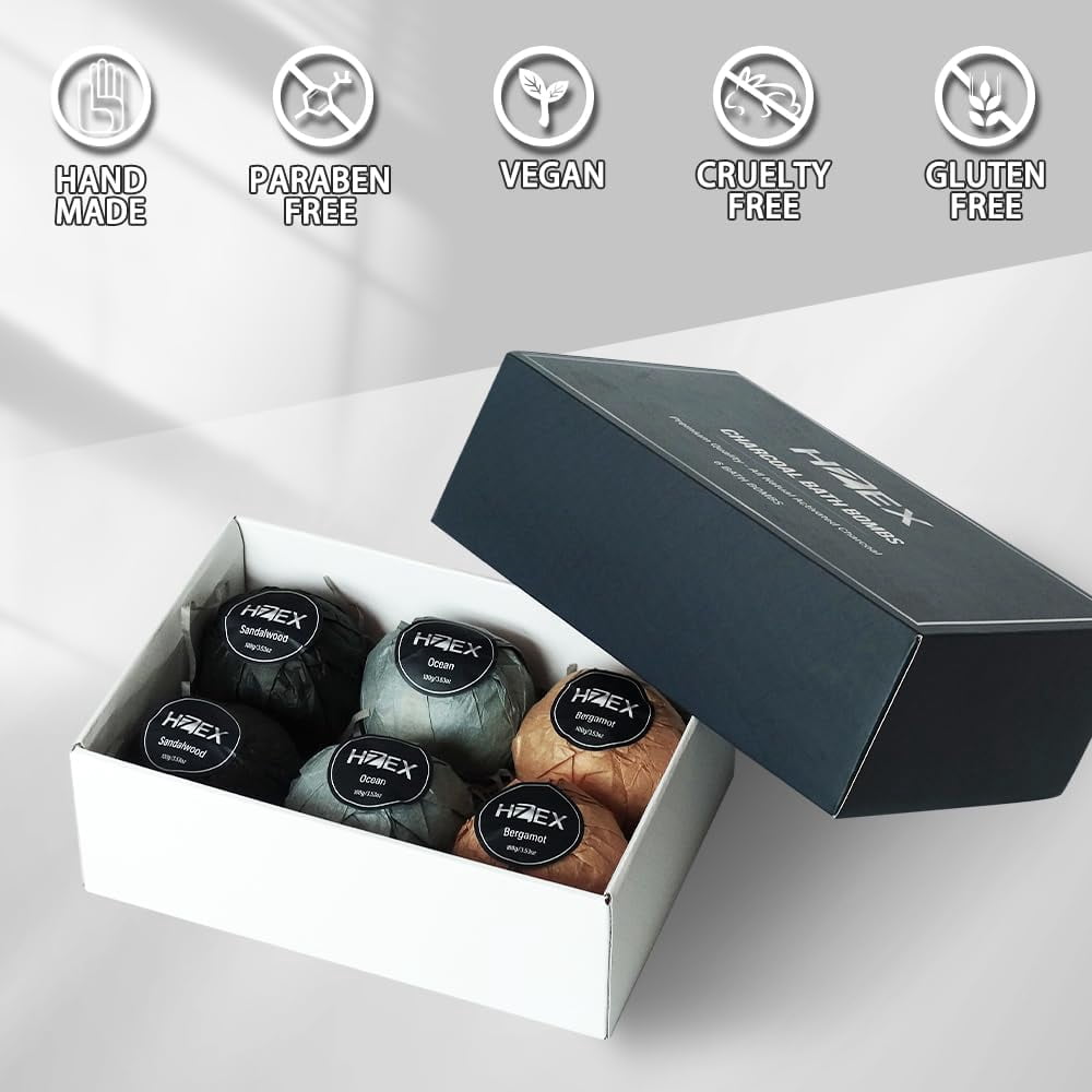 Bath Bombs, HZEX Luxury Charcoal 6 Large Natural Bathbomb Fizzes for Men Women, Organic Bath Bomb with Essential Oils and Shea Butter, Stress Relief and Relaxation, Detox with Charcoal Bathbombs