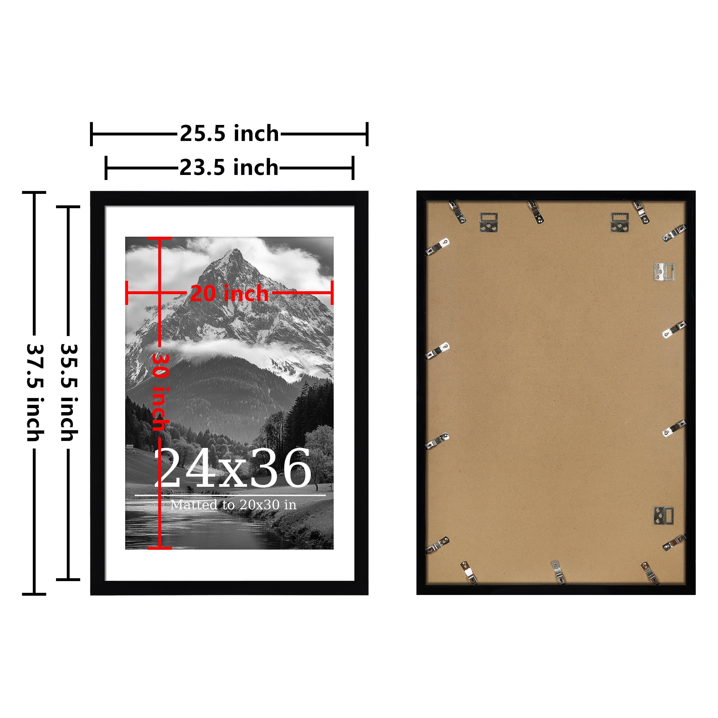 Postrame 24x36 Picture Frame 2 Pack, Black Poster Frame Display Pictures 20x30 with Mat or 24 x 36 Without Mat