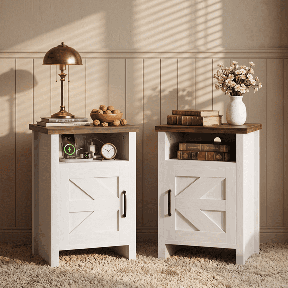 Homall Farmhouse Nightstand Set of 2 with Shelf and Barn Door Wood Modern Beside Tables for Bedroom Living Room, White
