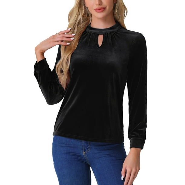 Blusa elegante casual de terciopelo para mujer con cuello alto y mangas largas en negro