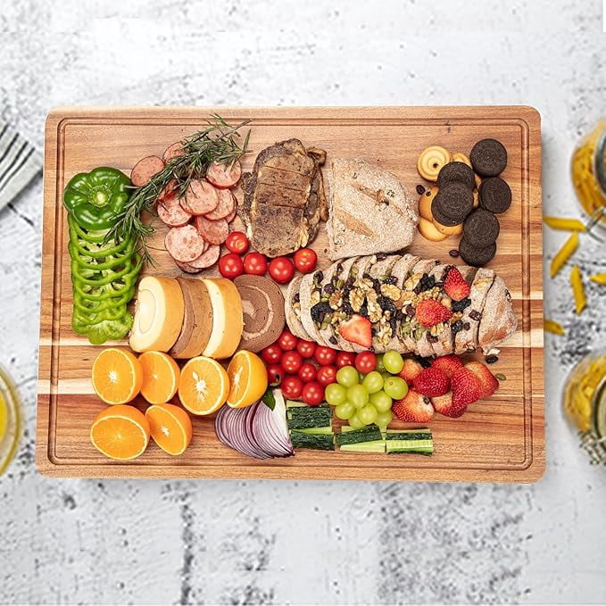 24 x 18 In Extra Large Acacia Wood Cutting Board, 1.5" Thick Kitchen Cutting Boards with Handle & Juice Groove, Butcher Block, Wooden Carving Board for Meat and Chopping Vegetables