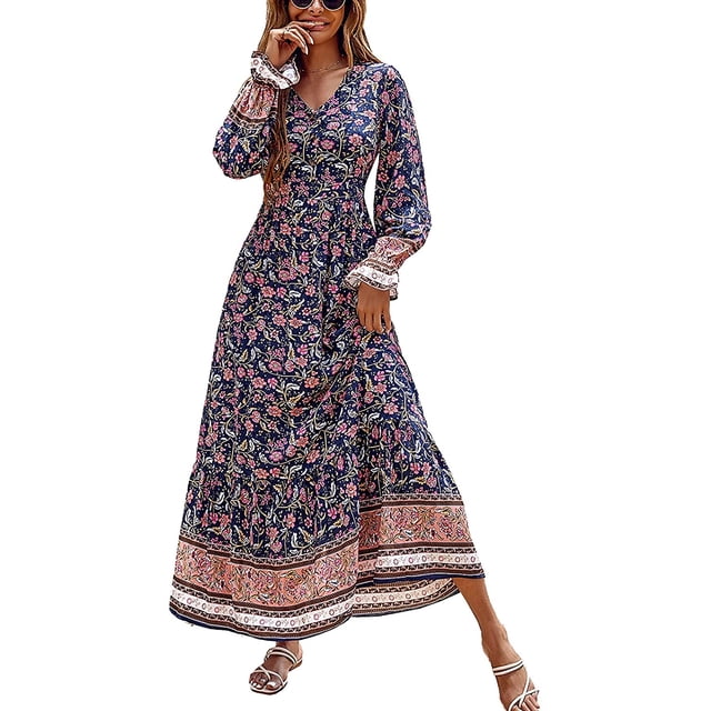 Robe Maxi à Manches Longues pour Femmes - Robe Longue Décontractée à Col en V avec Boutons et Imprimé Floral Boho pour l'Automne